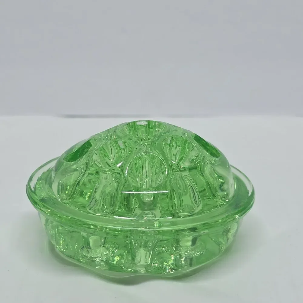 Vaseline Uranium Glass Flower Frog 9 Holes Glows UV Green Vintage 3" Diameter - Picture 5 of 10